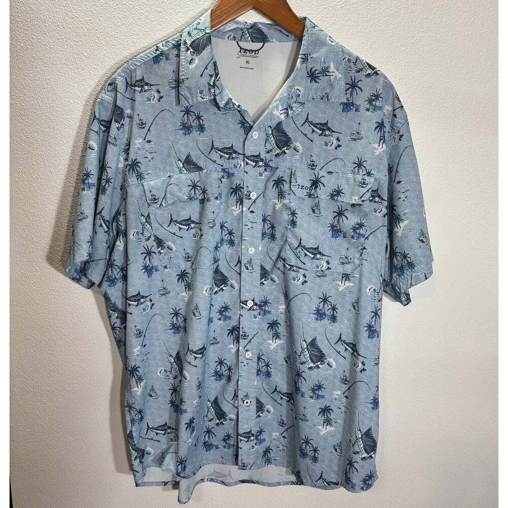 Izod Saltwater XL Blue Fishing Hawaiian Shirt Marlin Palm Button Front
